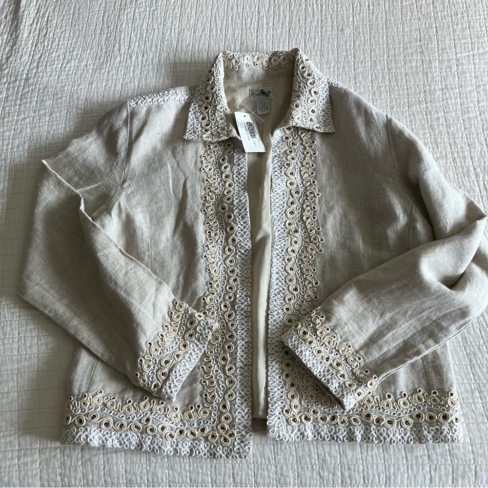 NWT Chicos beige “Gaille” metallic linen open blazer w/embellishment